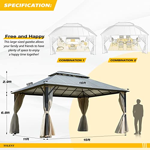 YOLENY 10' x 12' Hardtop Gazebo with Galvanized Steel Double Roof, Netting and Curtains Y84317