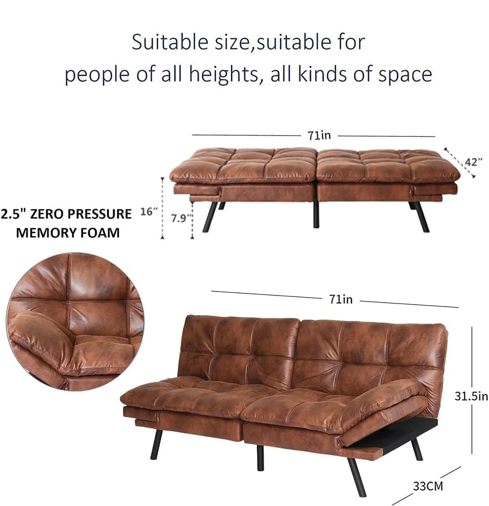 HESTINYSU 70.5'' PU Leather Futon Sofa Bed, Brown N390556