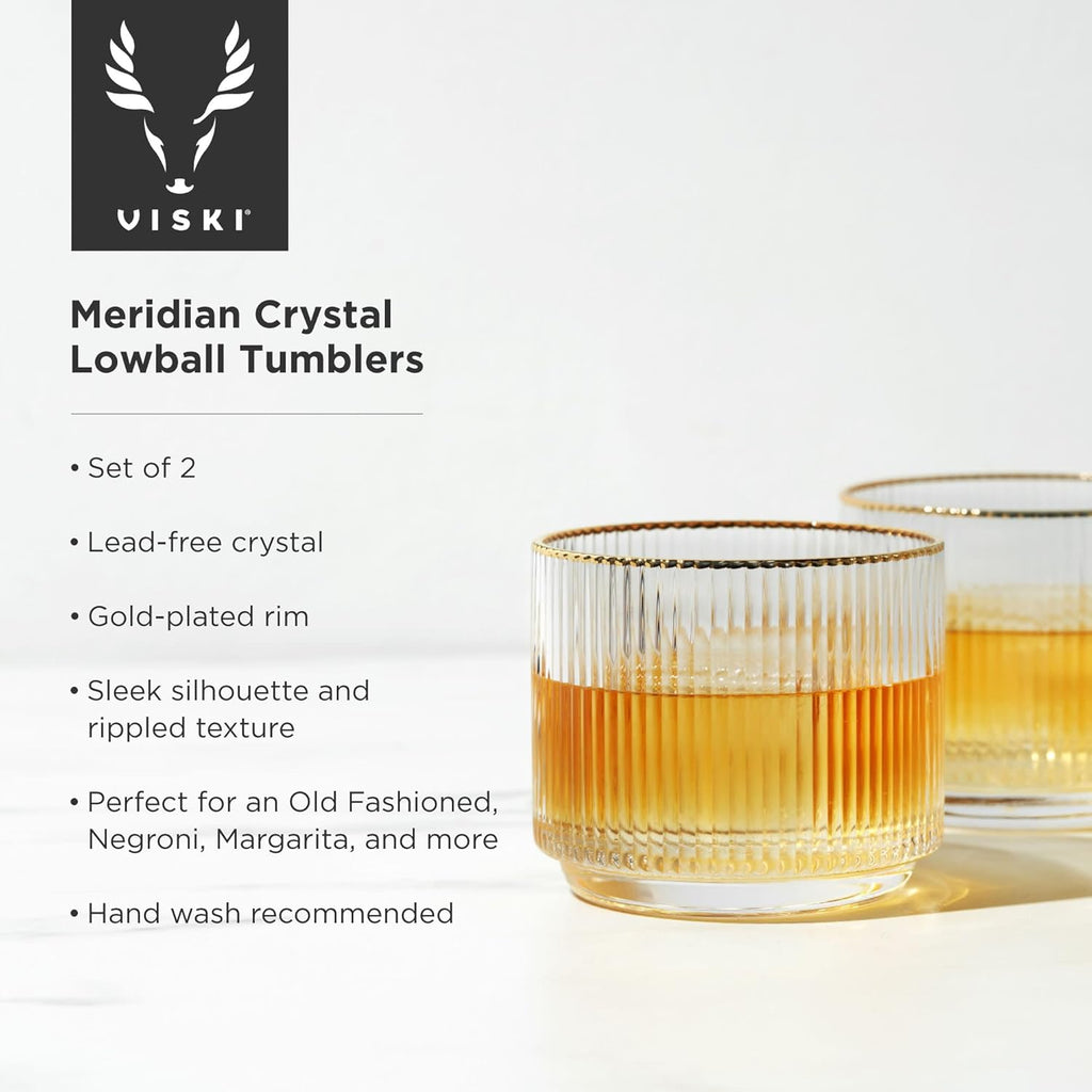 Viski Meridian Crystal Lowball Tumblers, Art Deco Whiskey Glasses, 12oz Set of 2 Q68876