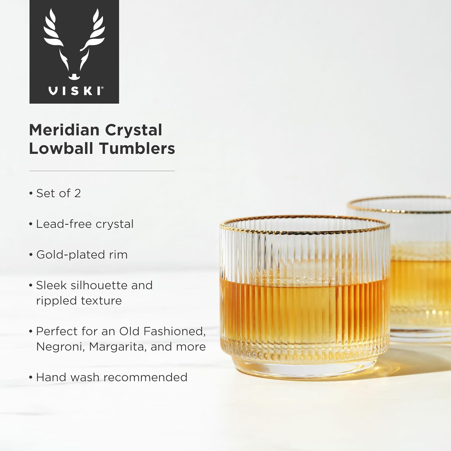 Viski Meridian Crystal Lowball Tumblers, Art Deco Whiskey Glasses, 12oz Set of 2 Q68876