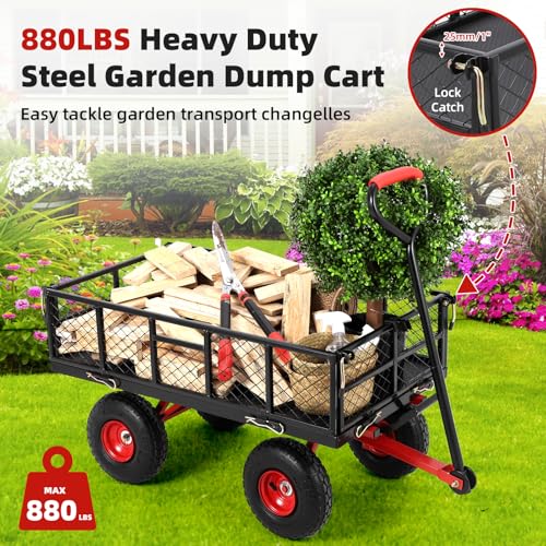 Steel Garden Dump Cart 880lbs, Heavy Duty Utility Wagon with Removable Mesh Sides Q536