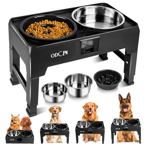 Elevated Slow Feeder Dog Bowls, 6 Height Adjustable Raised Dog Bowls with 2 Stainless Steel & 1 Slow Feeder Dog Food Bowls, Non-Slip Dog Food Stand with Catchment Drawer Design for Large Medium Dogs