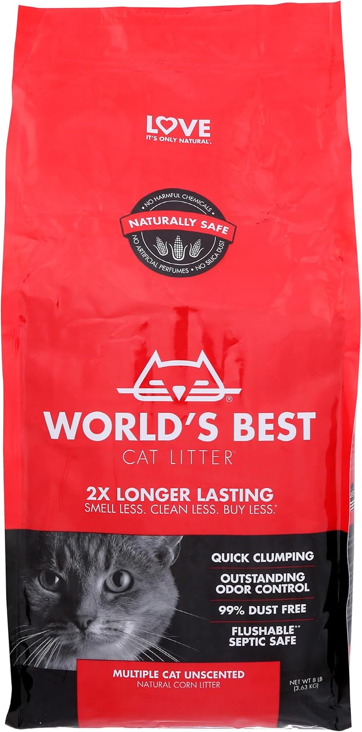 World's Best Cat Litter Multiple Cat Unscented Clumping Litter Formula, No Harmful Chemicals, 8 LB (Pack of 1)