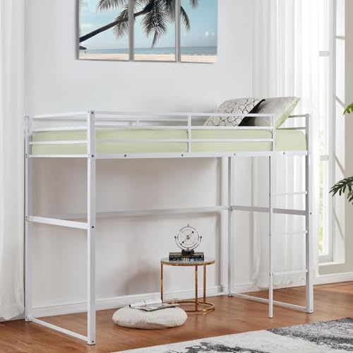 Metal Loft Bed Frame Twin Size with Safety Guard Rails & Built-in Ladder, Black C7852