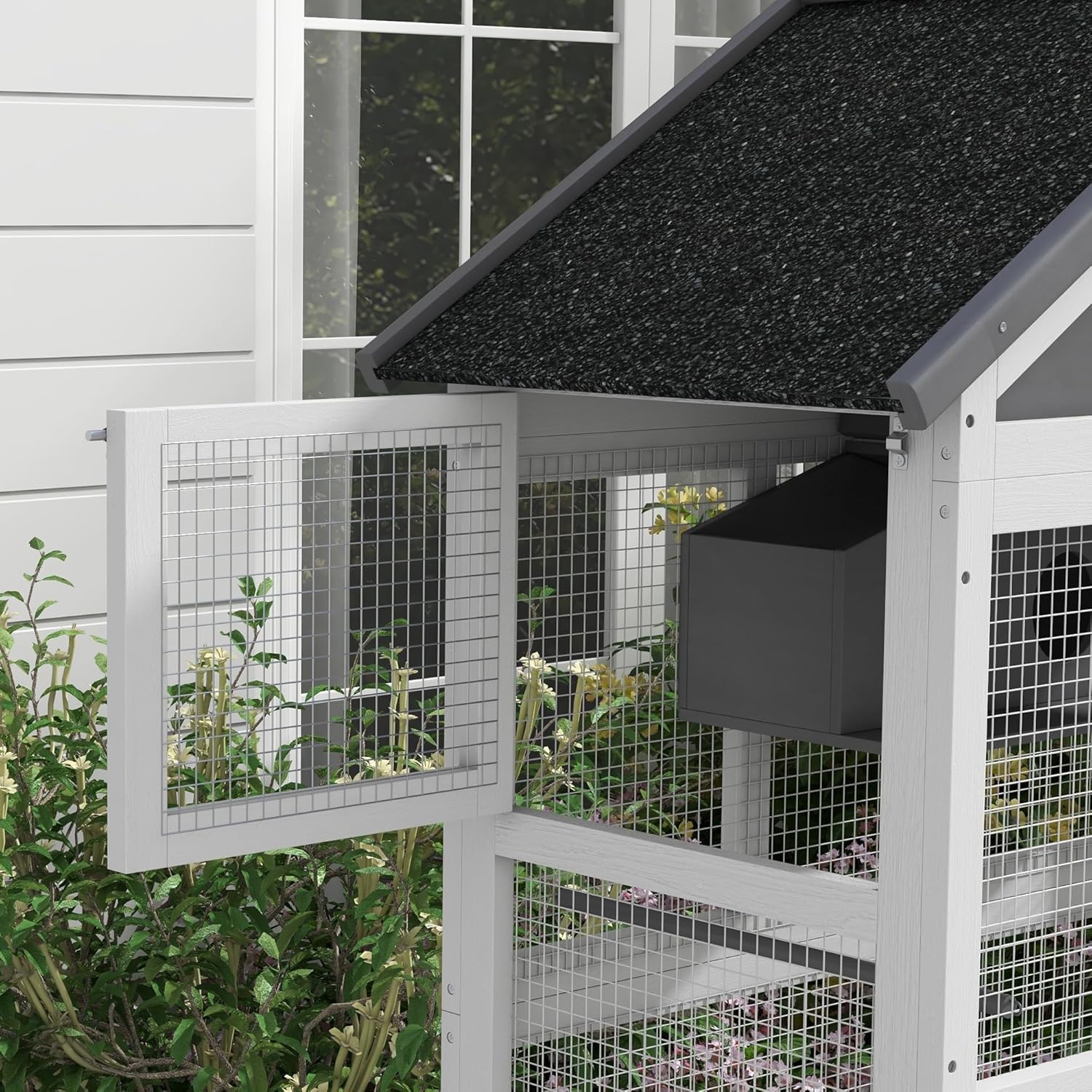 PawHut Wooden Bird Aviary Outdoor Cage with Slide-Out Tray, Gray E331667