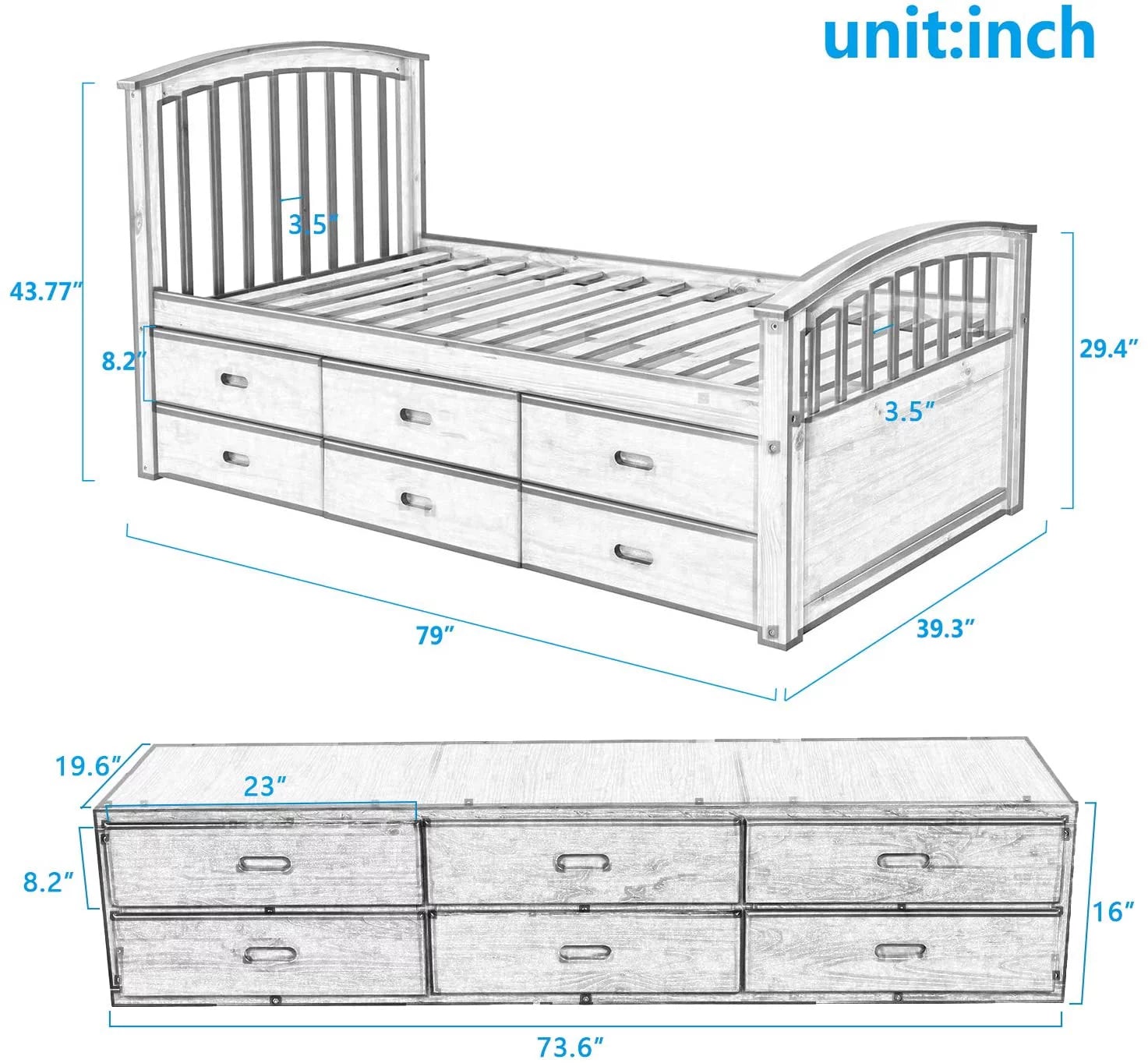 SOGES Twin Size Wood Platform Bed with 6 Drawers Oak L65416