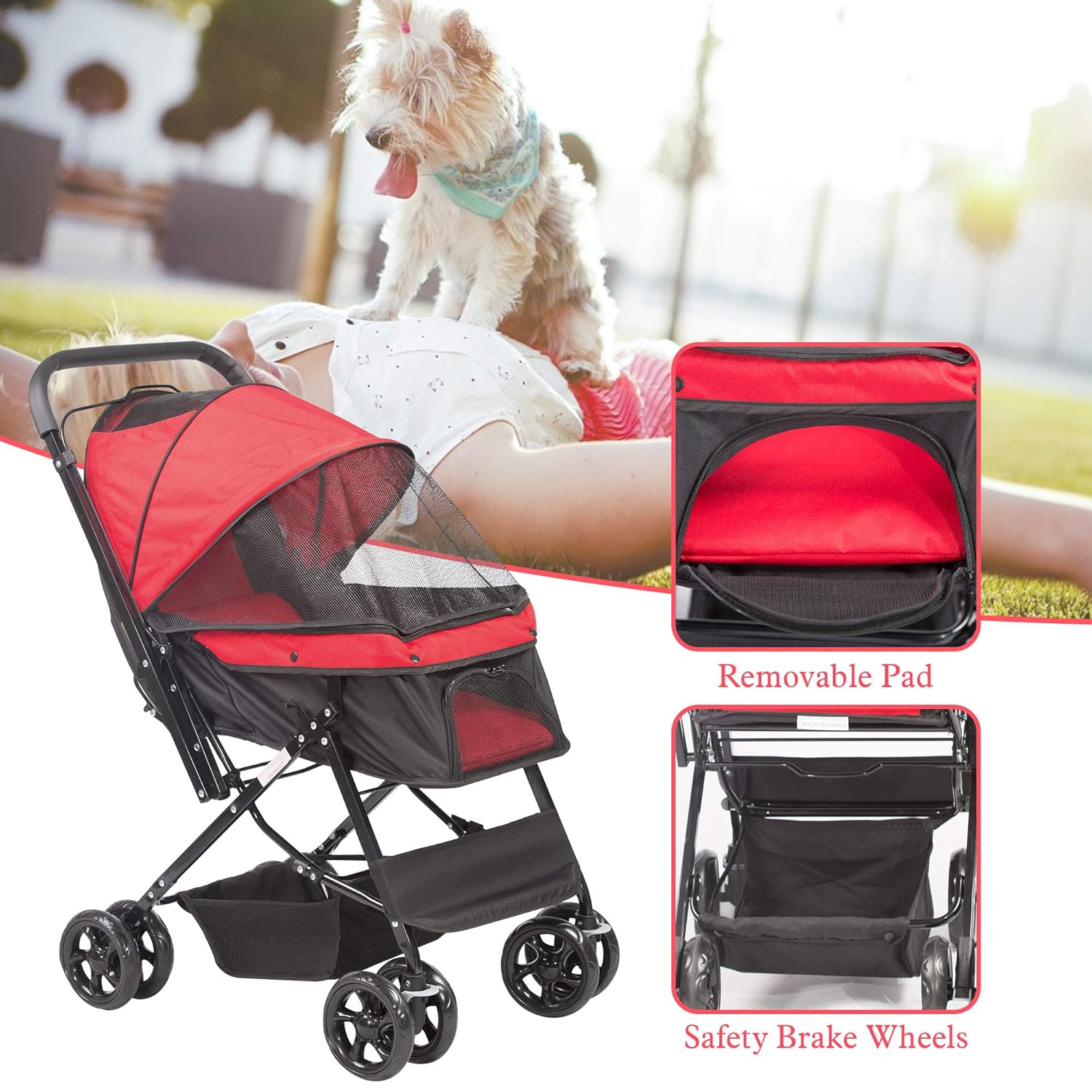 Folding Dog Stroller Travel Cage for Pets - Large 4 Wheels Elite Jogger - Red S57190