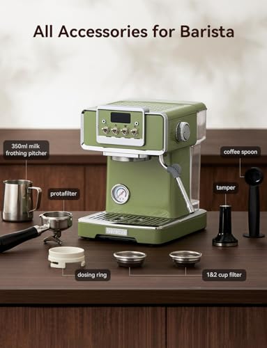 Neretva Espresso Coffee Machine 15Bar Retro Espresso Maker with Milk Frother, Green G710
