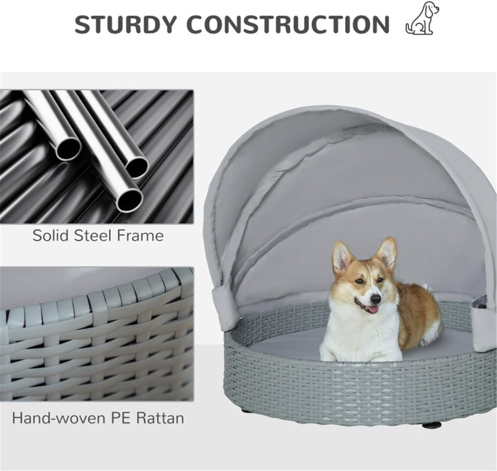 Wicker Dog Bed Rattan Pet Sofa with Adjustable Canopy and Cushion, Grey V581