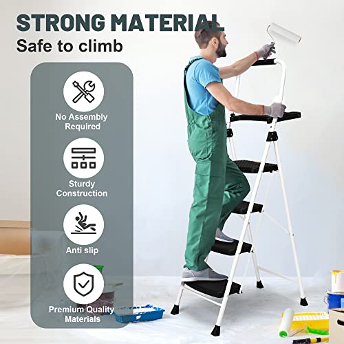 SocTone 3 Step Ladder, Folding Step Stool for Adults with Handle, 500lbs Capacity, White H81610