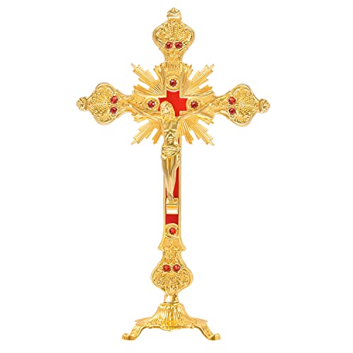 Metal Standing Crucifix Golden Tabletop Catholic Jesus Cross for Home Chapel Decoration D839