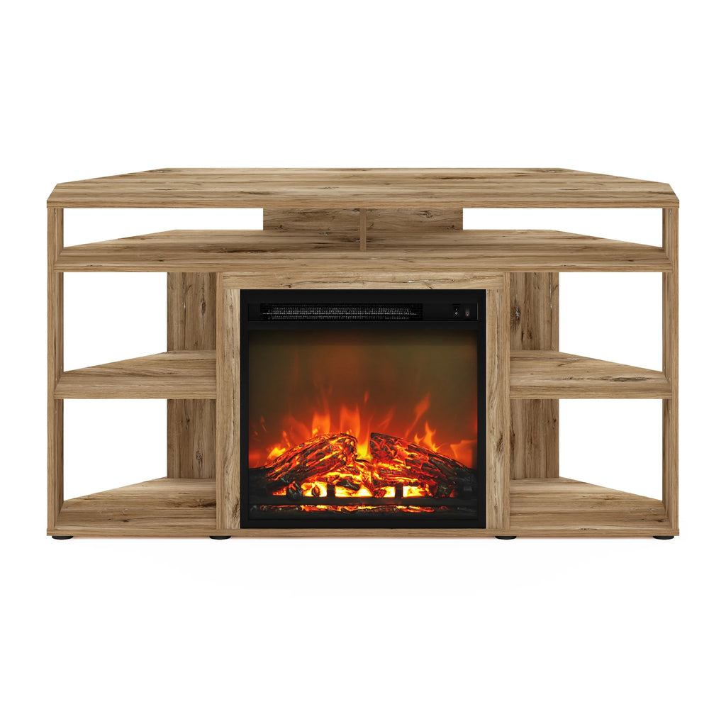 Furinno Jensen Corner TV Stand with Fireplace for TVs up to 55", Flagstaff Oak T250