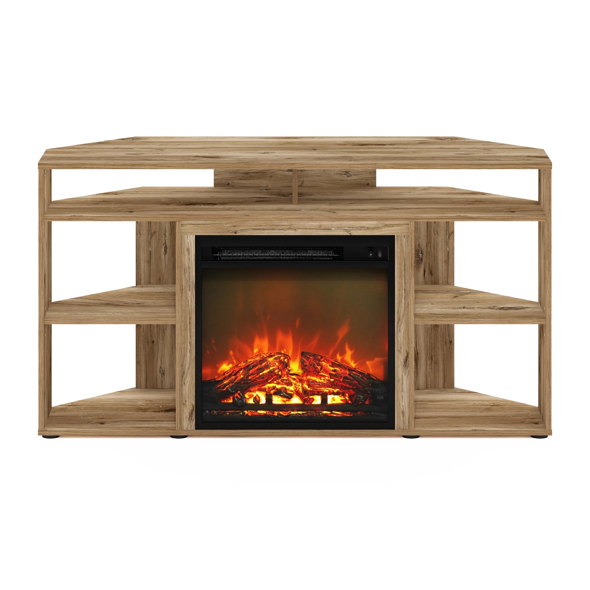 Furinno Jensen Corner TV Stand with Fireplace for TVs up to 55", Flagstaff Oak T250