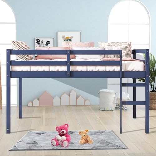 Twin Size Low Loft Bed with Ladder and Safety Guardrail, Solid Wood, White D5235