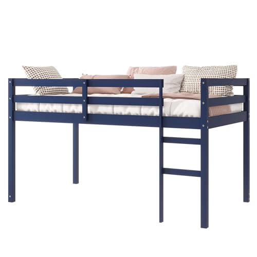Twin Size Low Loft Bed with Ladder and Safety Guardrail, Solid Wood, White D5235