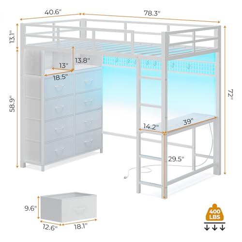 ADORNEVE Twin Size Loft Bed with Desk, LED Lights & Charging Station, White N63088