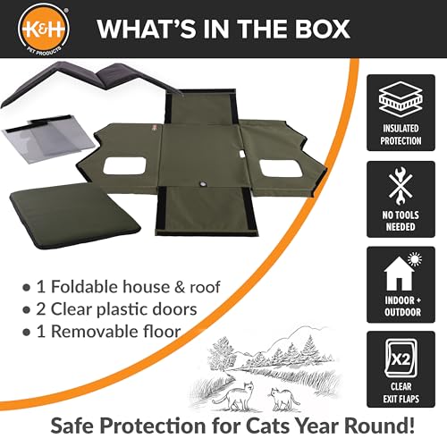 K&H Pet Products Extra-Wide Heated Outdoor Cat House, Weatherproof Insulated Shelter, 2 Doors, Olive G573
