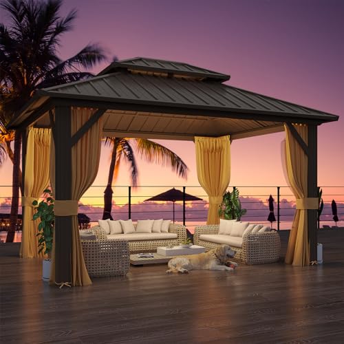 YOLENY 10' x 12' Hardtop Gazebo with Galvanized Steel Double Roof, Netting and Curtains Y84317