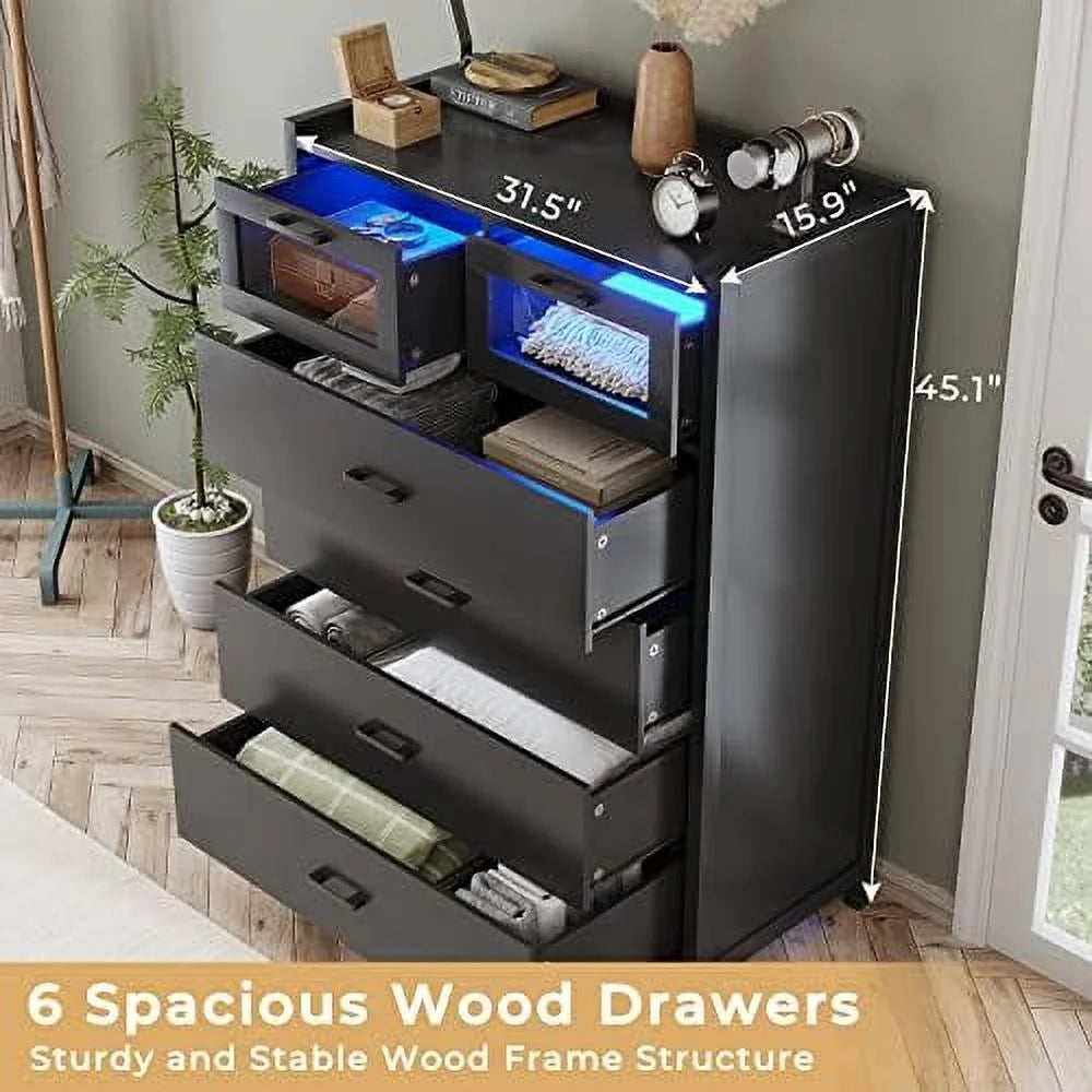 HJZBNONE 6-Drawer Dresser with LED Lights for Bedroom E483