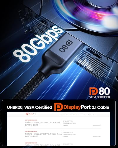 Silkland 80Gbps DisplayPort Cable 2.1 6.6FT VESA Certified 8K@240Hz HDR E3447