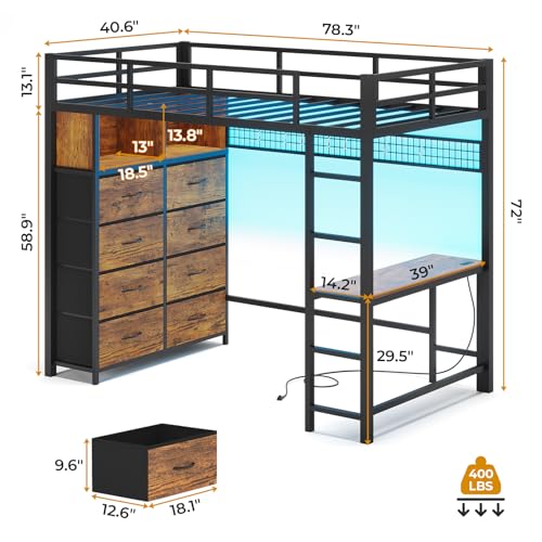 ADORNEVE Twin Size Loft Bed with Desk, LED Lights & Charging Station, White N63088