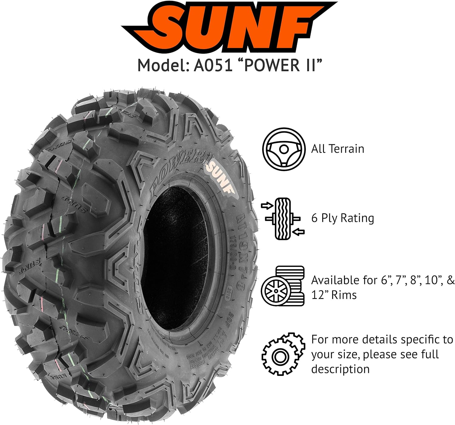 SunF 19x7-8 All Terrain ATV UTV Tires 6PR Tubeless N97256