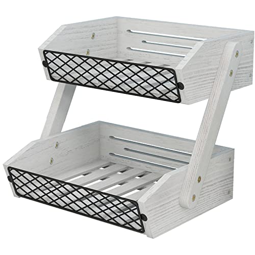 Fruit Basket for Kitchen, 2 Tier Fruit Bowl for Kitchen Counter,Wooden Fruit Holder for Kitchen Countertop,Bread Fruit Vegetable Storage Basket Stand