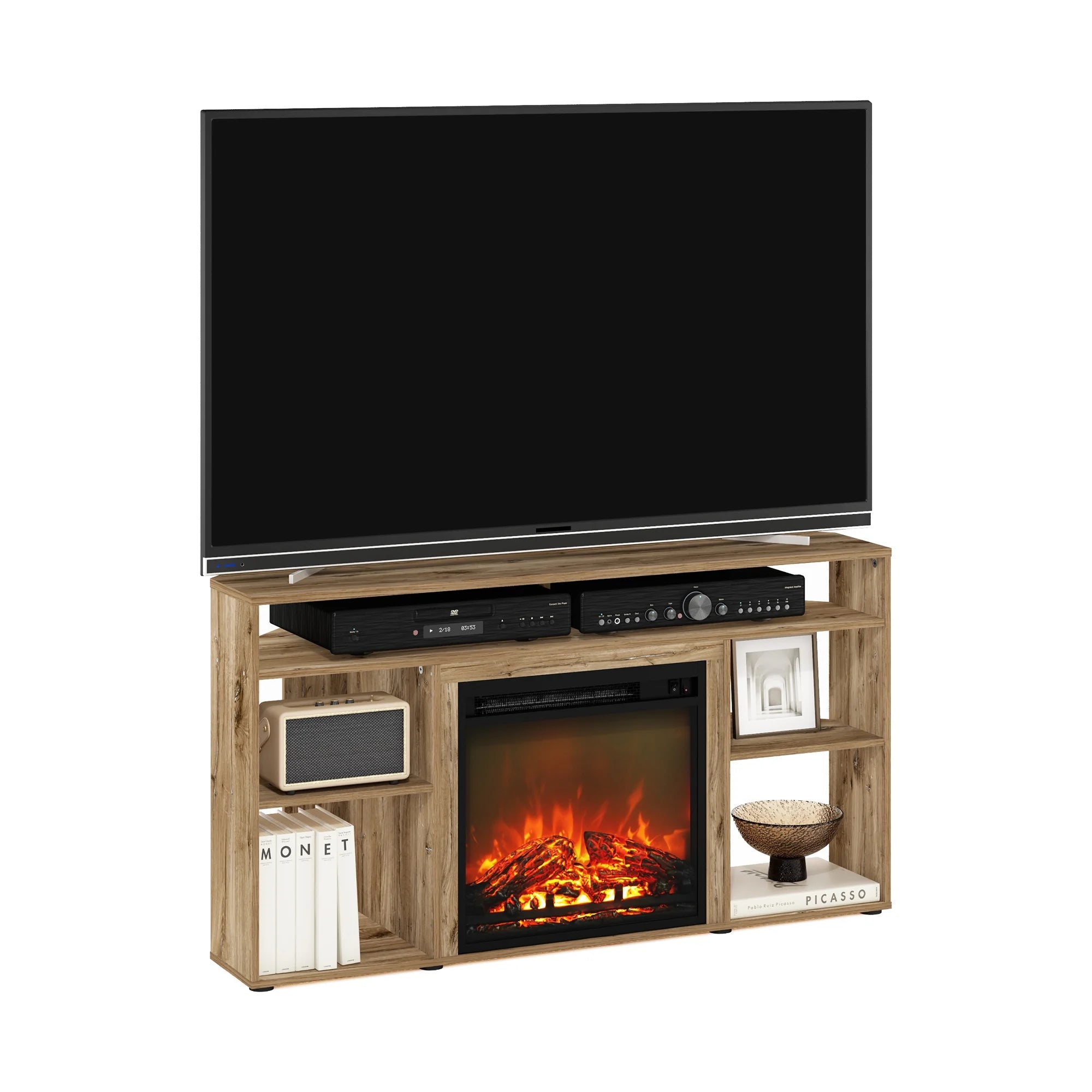 Furinno Jensen Corner TV Stand with Fireplace for TVs up to 55", Flagstaff Oak T250