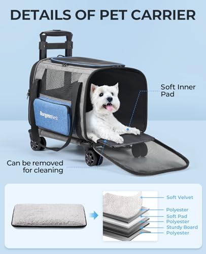 BurgeonNest Cat Carrier with Wheels, Airline Approved for Cats and Dogs 15 lbs D606