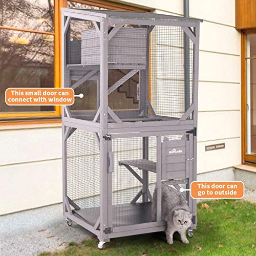 Aivituvin Outdoor Catio Wooden Large Enclosure with Wheels, Waterproof Roof Grey F897658
