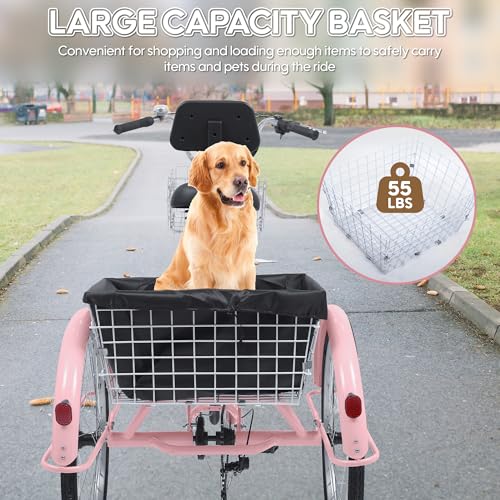 26 Inch 7 Speed Adult Tricycle, 3 Wheel Beach Cruiser Bike with Backrest and Baskets V183109