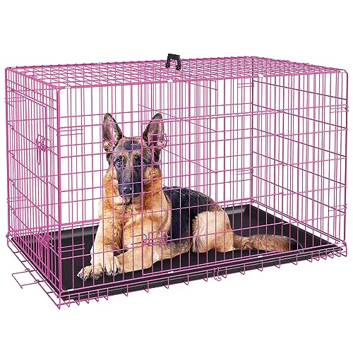 48 Inches Dog Crate Large Foldable Dog Kennel Metal Wire Pet Dog Cage with Double-Door Leak-Proof Tray Divider Panel and Handle for Dog Cat Pet,Black 48”X31”X29”