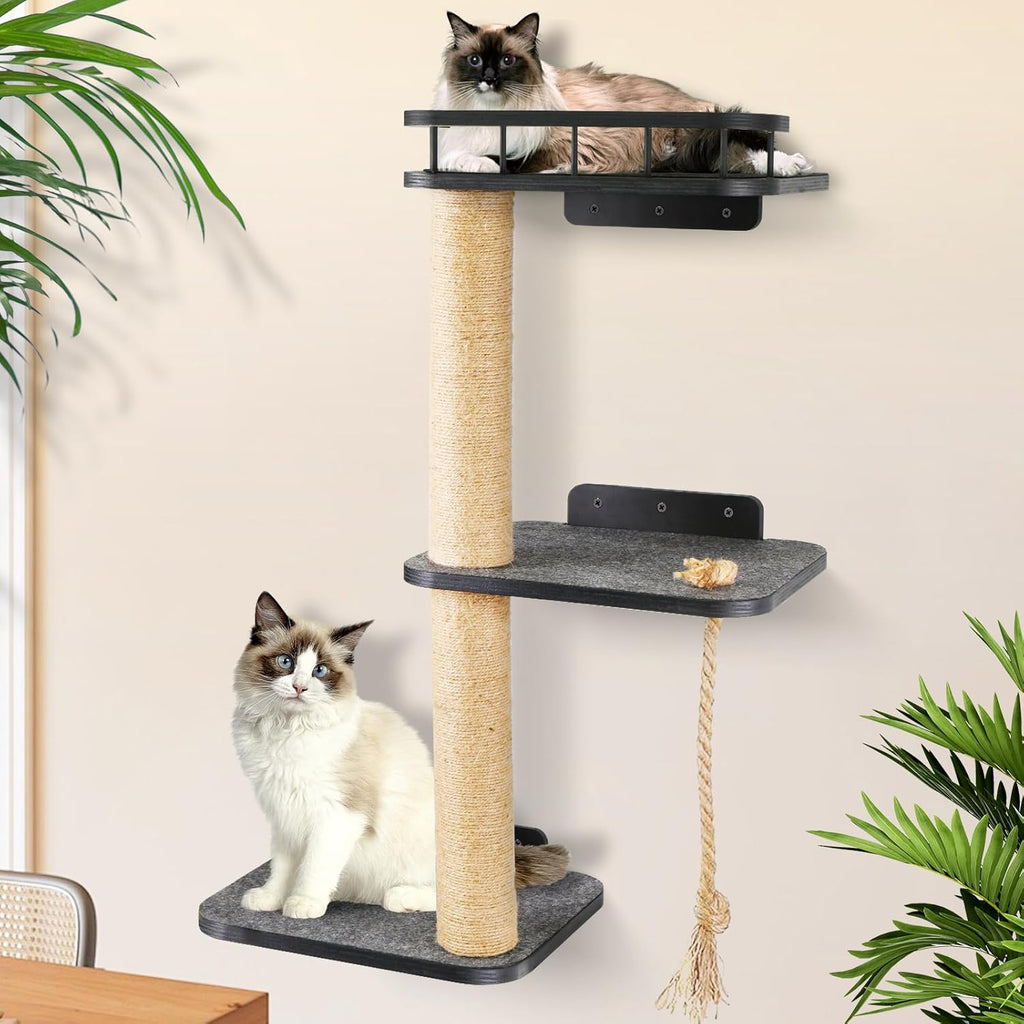 Cat Wall Shelves, Cat Tree 3-Tier Cat Tower Cat Wall Furniture, Wall-Mounted Cat Scratching Post, Cat Activity Tree Wooden Cat Climber with Scratching Post, Suitable for Cats Climb, Scratch