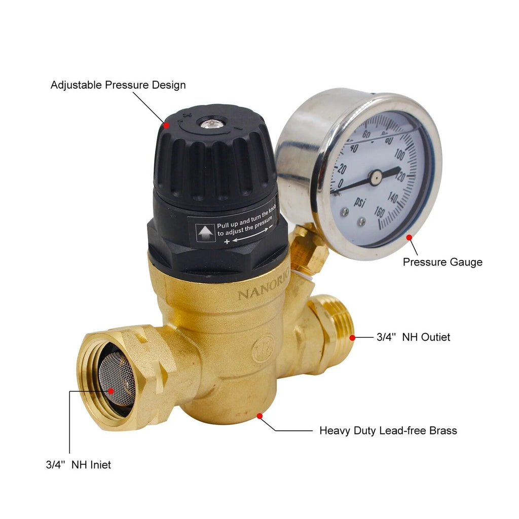 LIMICAR RV Water Pressure Regulator Brass Lead-Free with Gauge Z6193