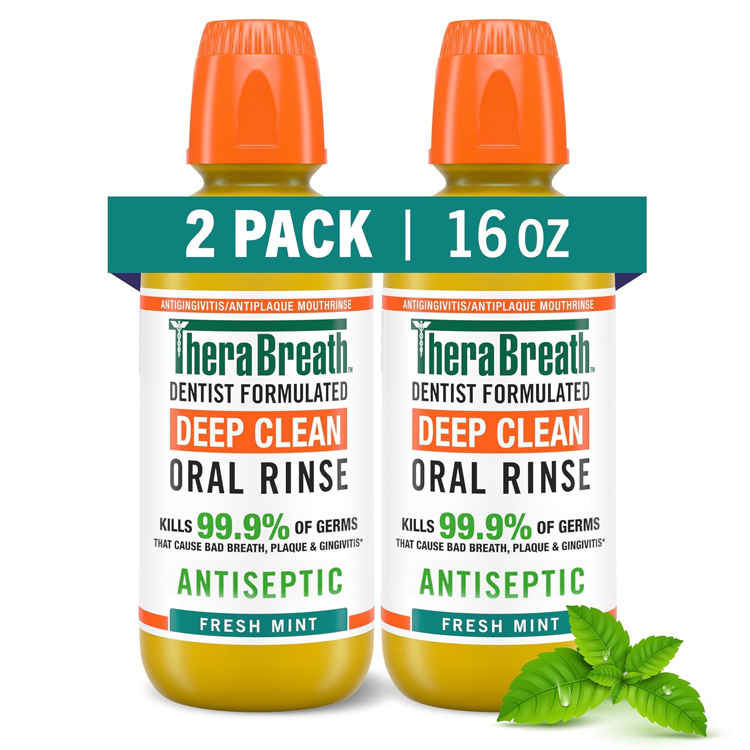 TheraBreath Fluoride Free Toothpaste Mild Mint 4 oz (Pack of 2) and Alcohol Free Mouthwash Fresh Mint 16 fl oz (Pack of 2) T324