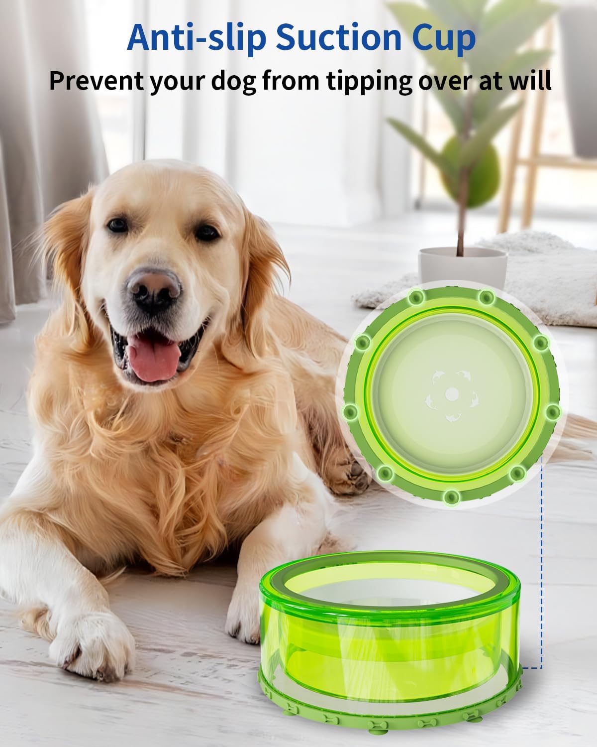 Dog Water Bowl No Spill Slow Feeder Large 2L with Silicone Suction Cup Green V925