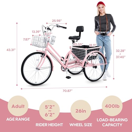 26 Inch 7 Speed Adult Tricycle, 3 Wheel Beach Cruiser Bike with Backrest and Baskets V183109