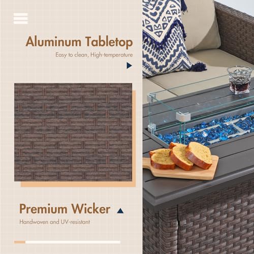 SUNSITT Outdoor Fire Pit Table 43 Inch Wicker Propane with Aluminum Tabletop, Taupe F2263