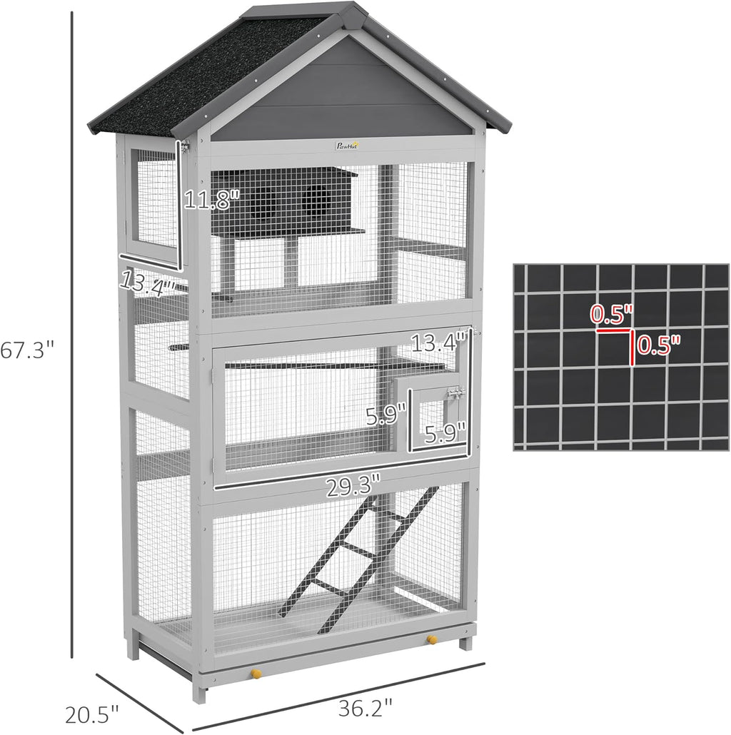 PawHut Wooden Bird Aviary Outdoor Cage with Slide-Out Tray, Gray E331667