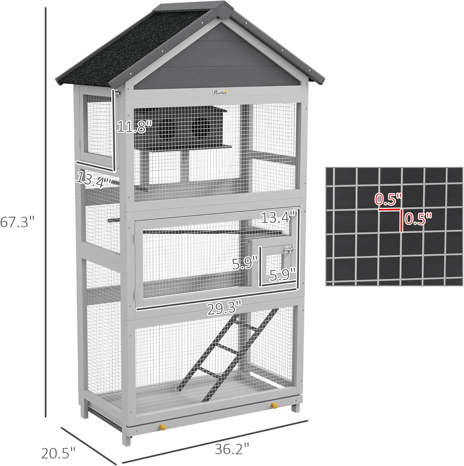 PawHut Wooden Bird Aviary Outdoor Cage with Slide-Out Tray, Gray E331667