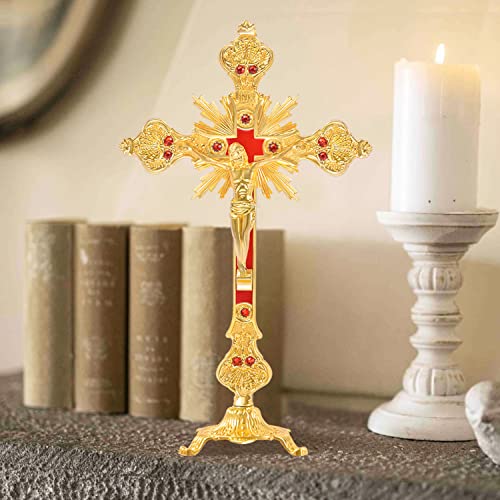 Metal Standing Crucifix Golden Tabletop Catholic Jesus Cross for Home Chapel Decoration D839