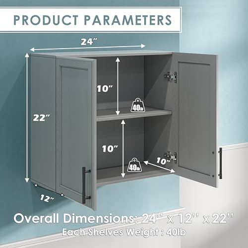 Wall Storage Cabinet with Two Shaker Doors and Shelf, Grey, 24"W, 2 Pcs N34755