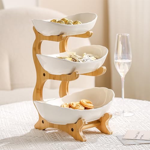 3 Tier Ceramic Fruit Bowl Stand for Kitchen Countertop, White C66791
