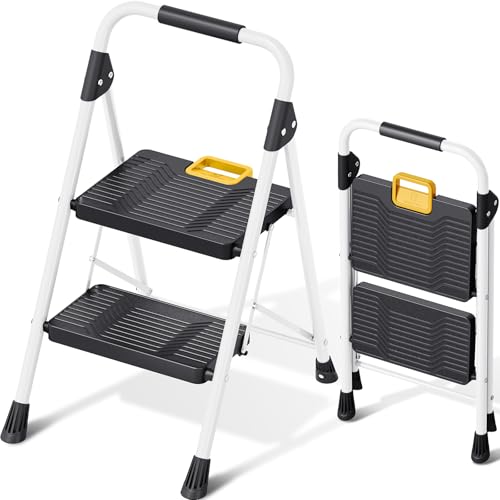 KINGRACK 3 Step Folding Ladder, 800lbs Capacity, Non-Skid Wide Pedals, White W71585