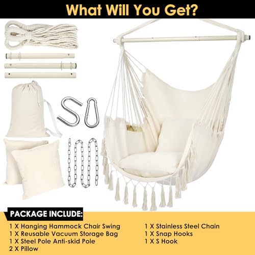 Y-STOP Hammock Chair Hanging Rope Swing with 2 Cushions, Beige I74503