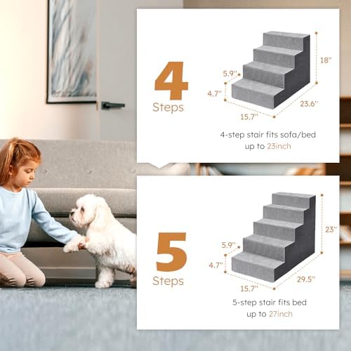 Heeyoo Dog Stairs for Small Dogs, 5-Step Foam Pet Steps for High Bed and Couch, Grey U471171