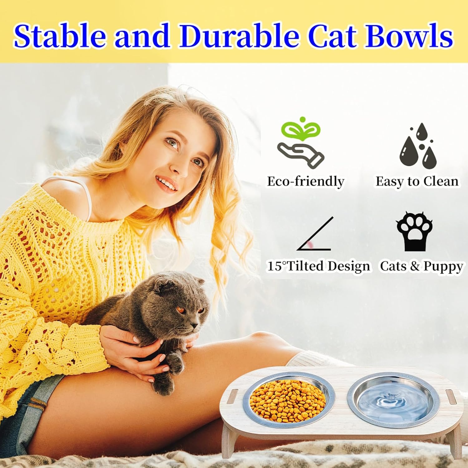 Elevated Cat Bowls with Wood Stand, 15° Tilted Stainless Steel Pet Feeder E85787