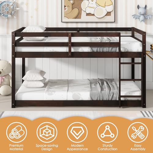 Twin Over Twin Wood Bunk Bed with Ladder and Guardrails for Kids P604