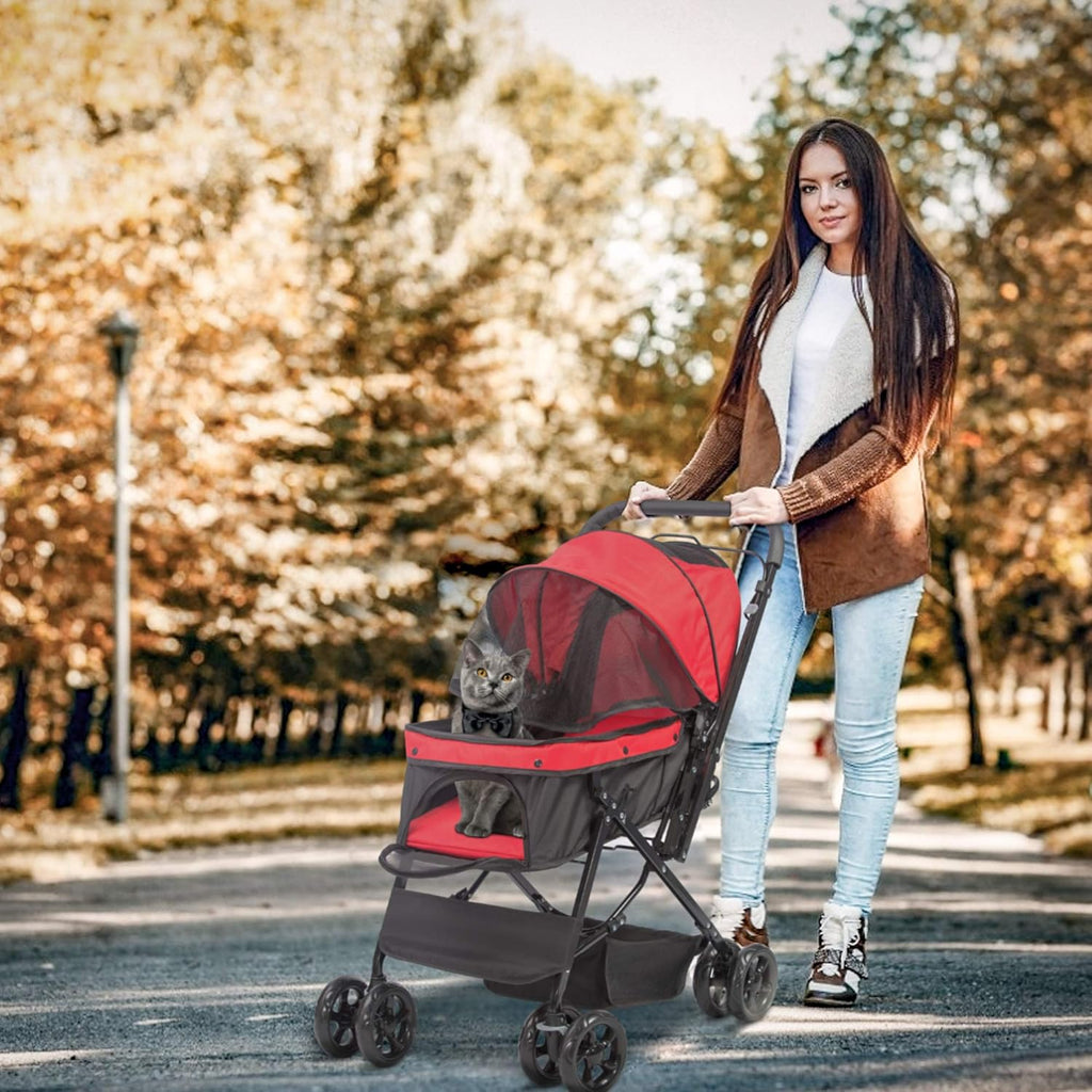 Folding Dog Stroller Travel Cage for Pets - Large 4 Wheels Elite Jogger - Red S57190