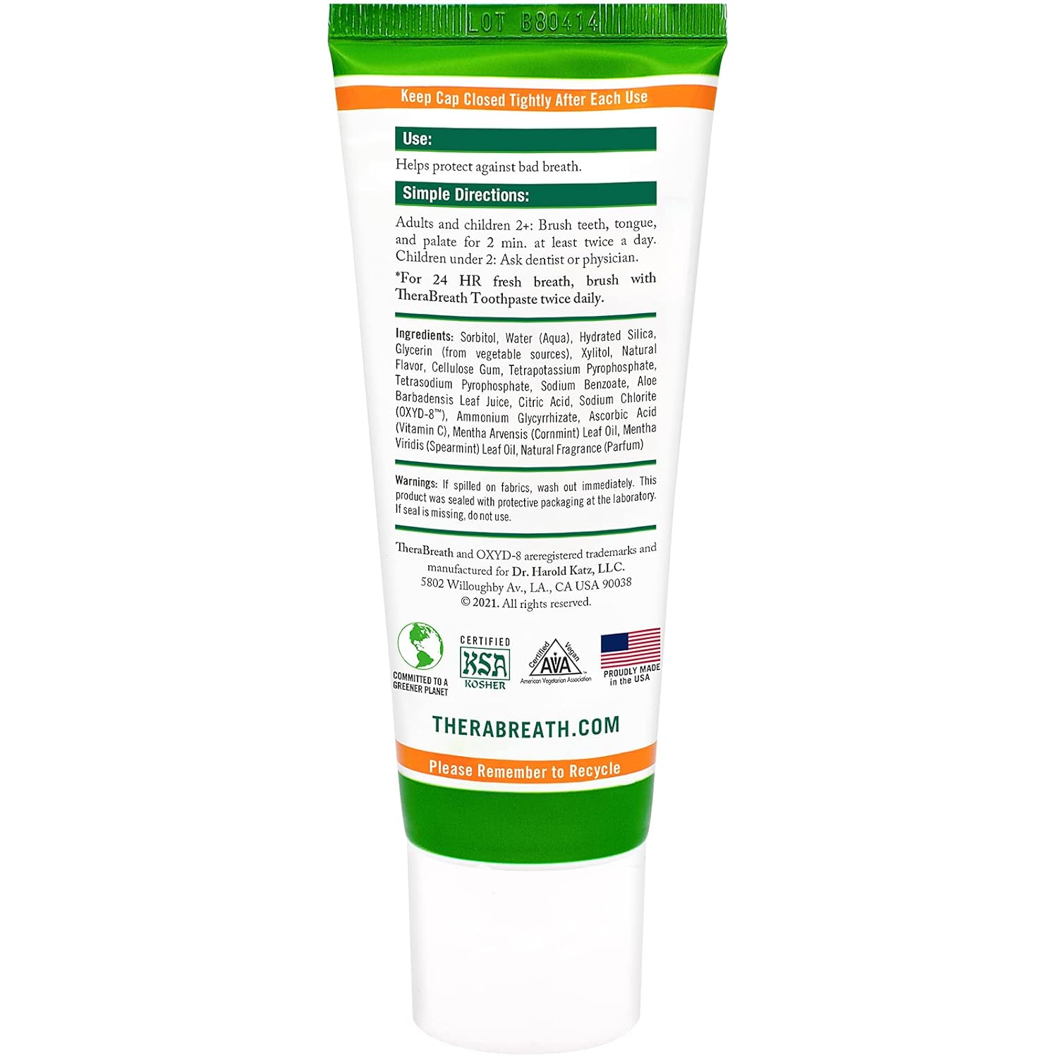 TheraBreath Fresh Breath Fluoride Free Toothpaste Mild Mint 4 Ounce (Pack of 2) Q1713